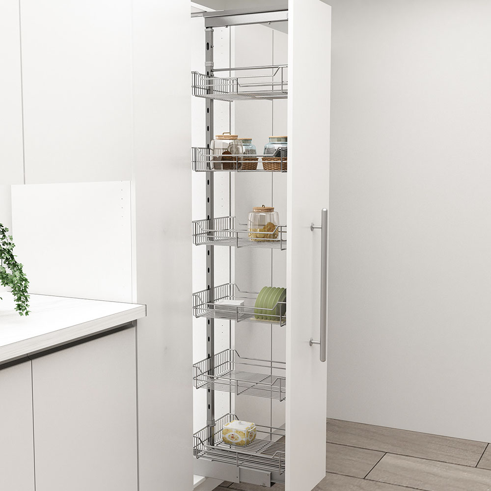 Pantry swing out shelves showcasing innovative storage solutions for Calgary kitchens by Zen Living.