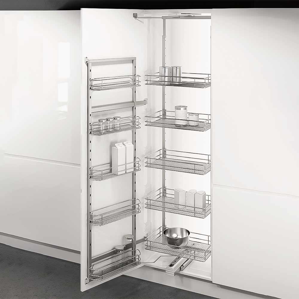 Pantry rack pull-out system showcased in a stylish Calgary kitchen by Zen Living.