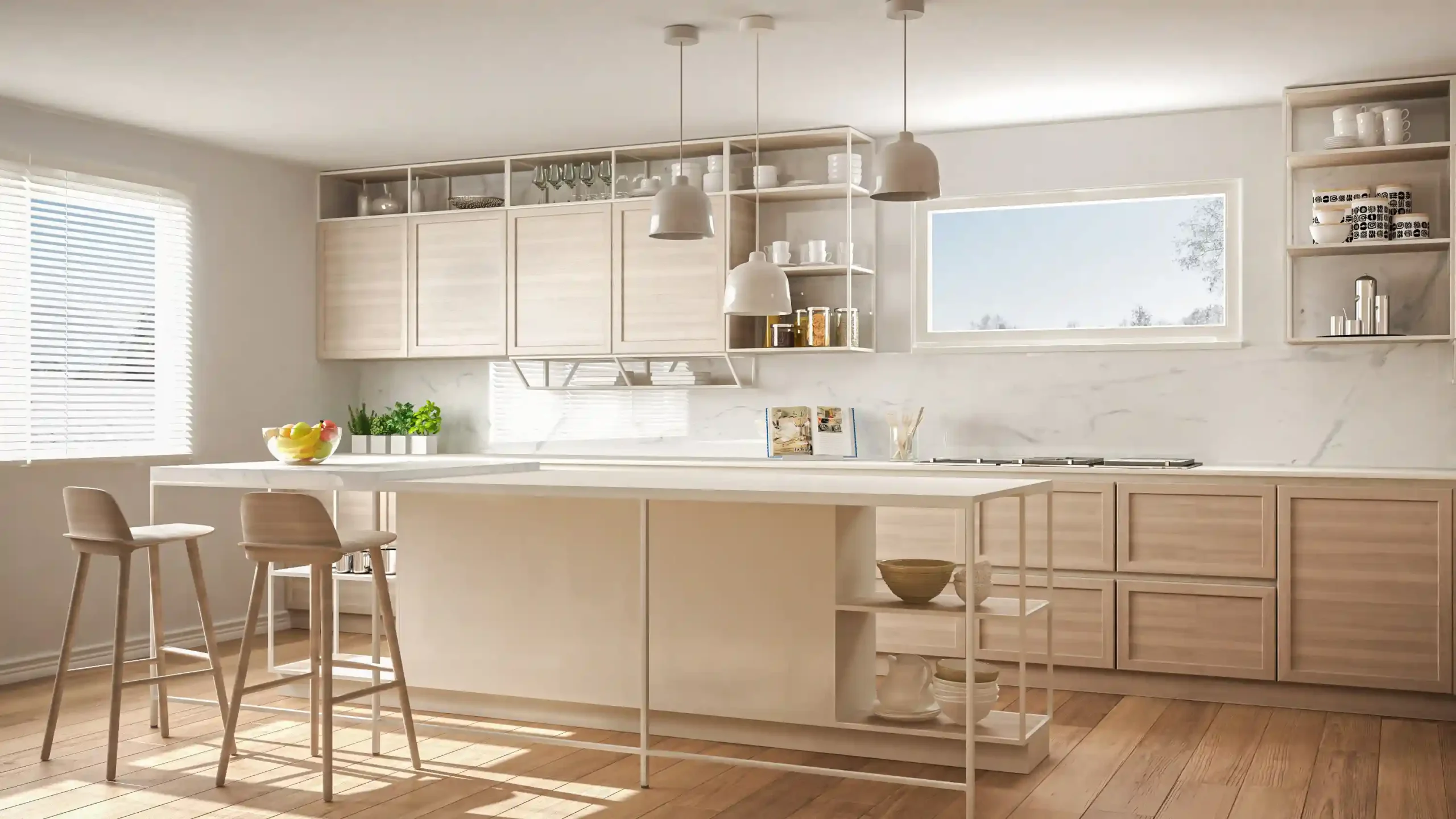 These Shaker-style handleless cabinets suit both rustic and minimalist taste