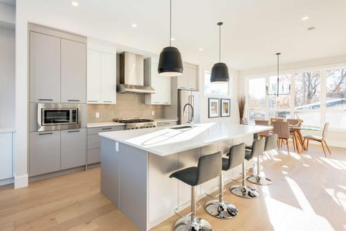 Bright kitchen with modern appliances.