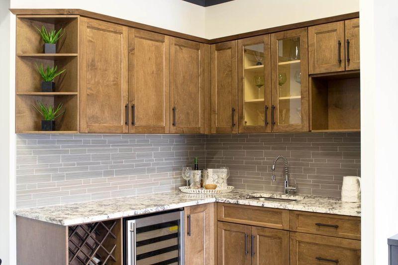 Modern kitchen with wooden cabinets.