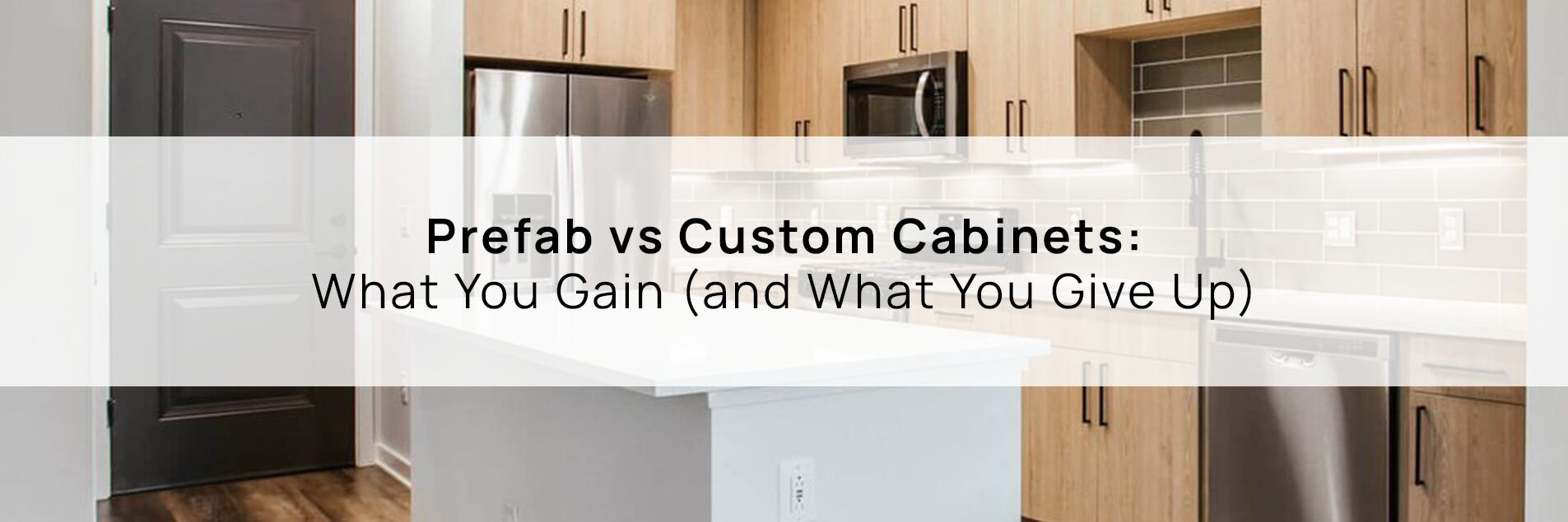 Modern kitchen with island and cabinetry illustrating custom vs prefabricated cabinets comparison for homeowners.